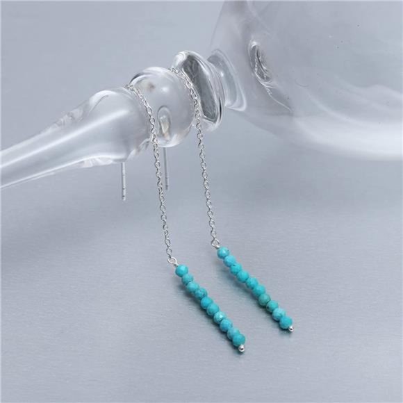 Natural Turquoise Beads Threader Earring, Gemstone Earring For Women (Turquoise) - Picture 5 of 9